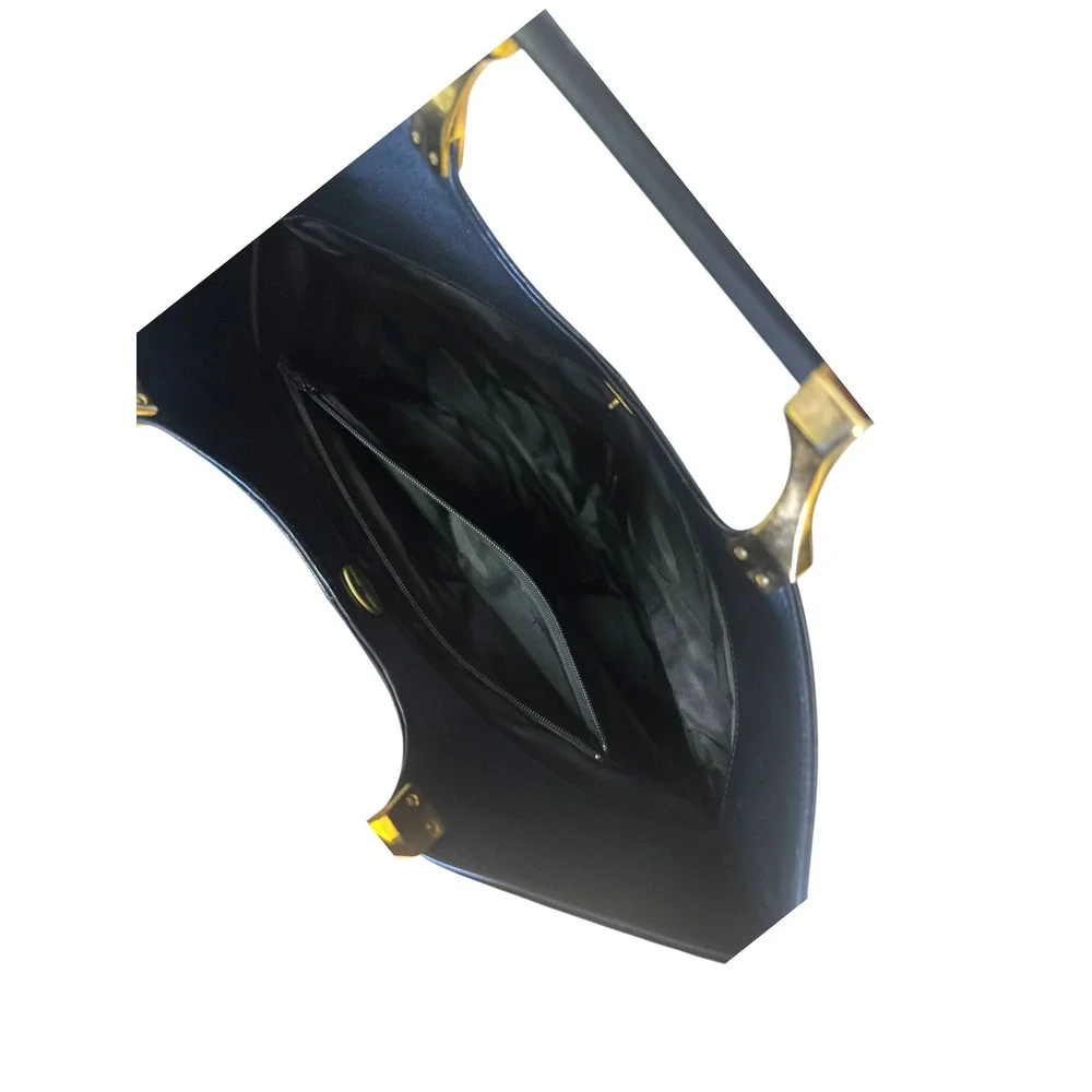 Vintage Style Black Leather Convertible Tote Oversized Clutch‎ Gold Hardware